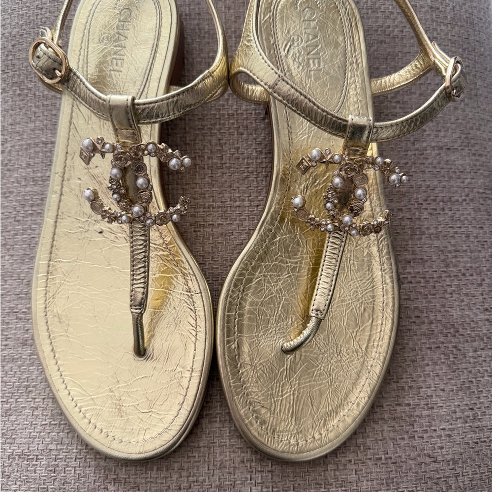 CHANEL Gold Sandals with Pearl Accents